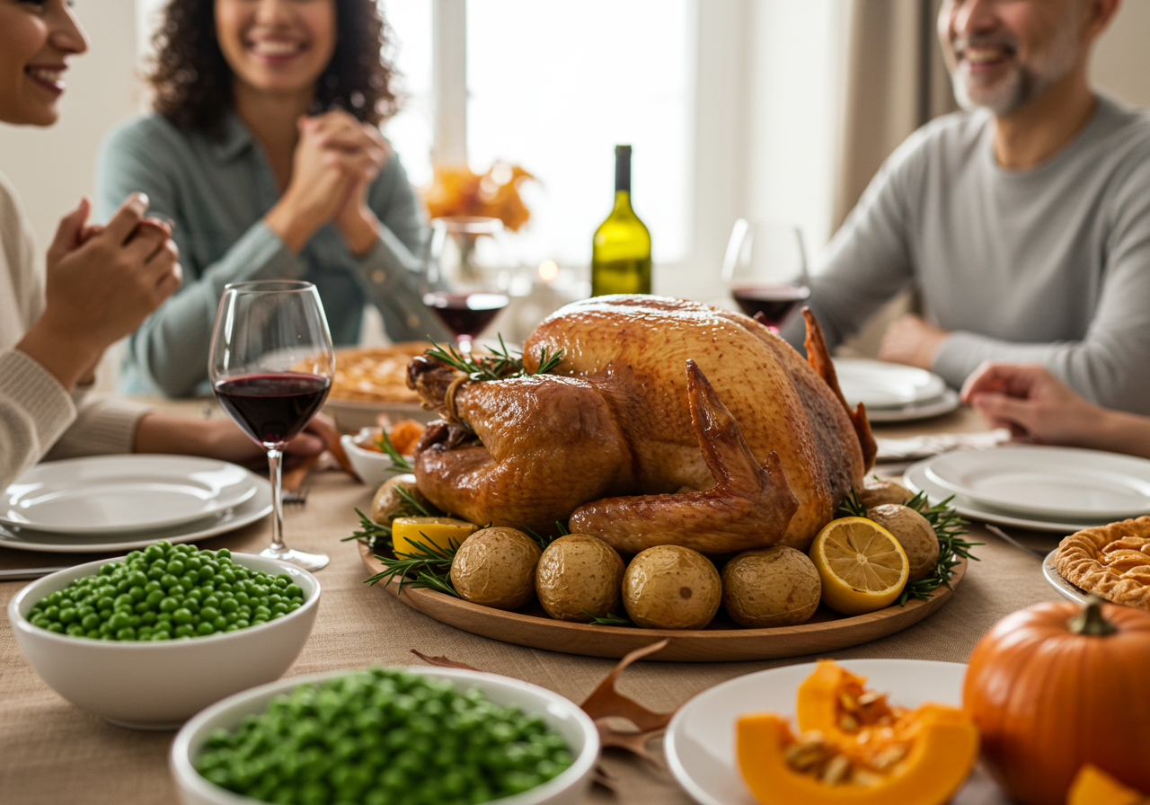 Free Cheerful multiethnic couple sitting at table with roasted turkey Stock Photo