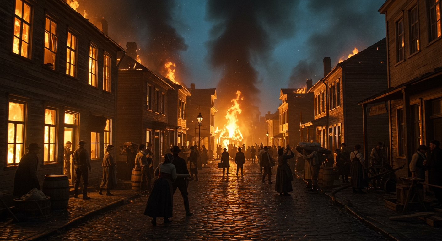 Depiction of Great Fire of Nantucket in 1846 in Main Street