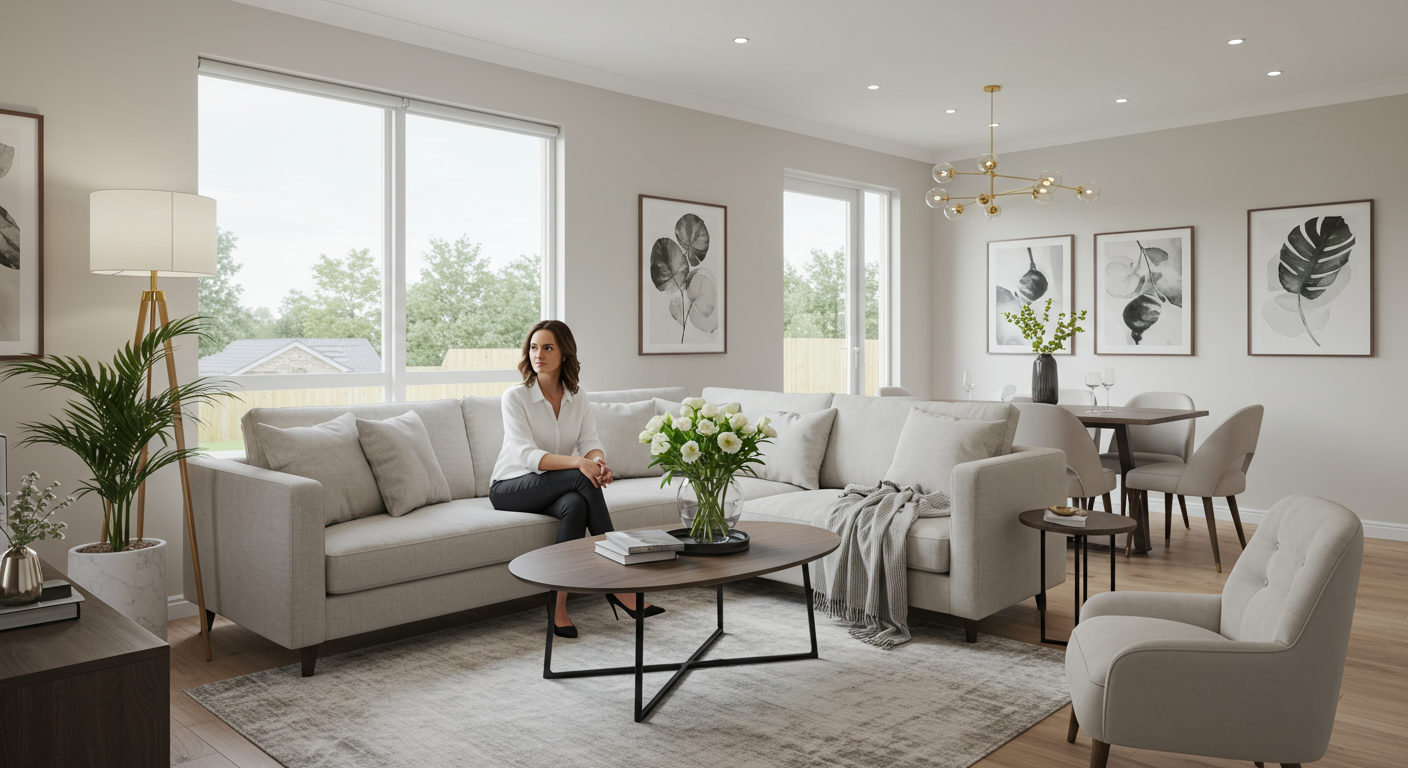 A woman in a white shirt and black pants, lost in thought, sitting on a sofa.