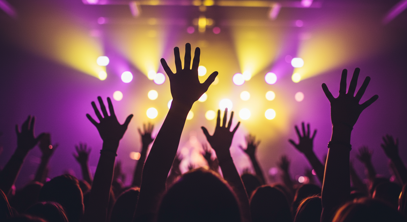 People with their hands in the air in a nightclub.