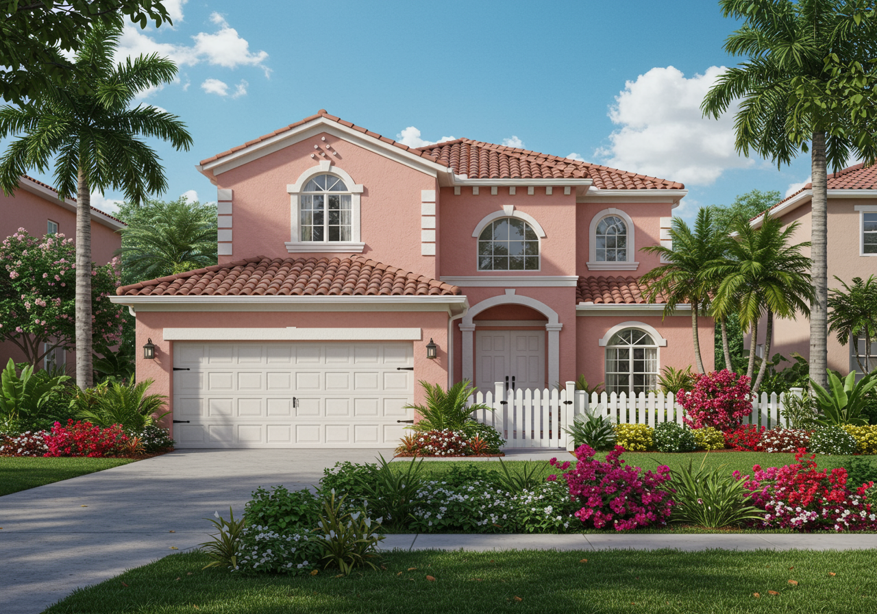 Home exterior with lush front yard, white picket fence, driveway and attached garage.