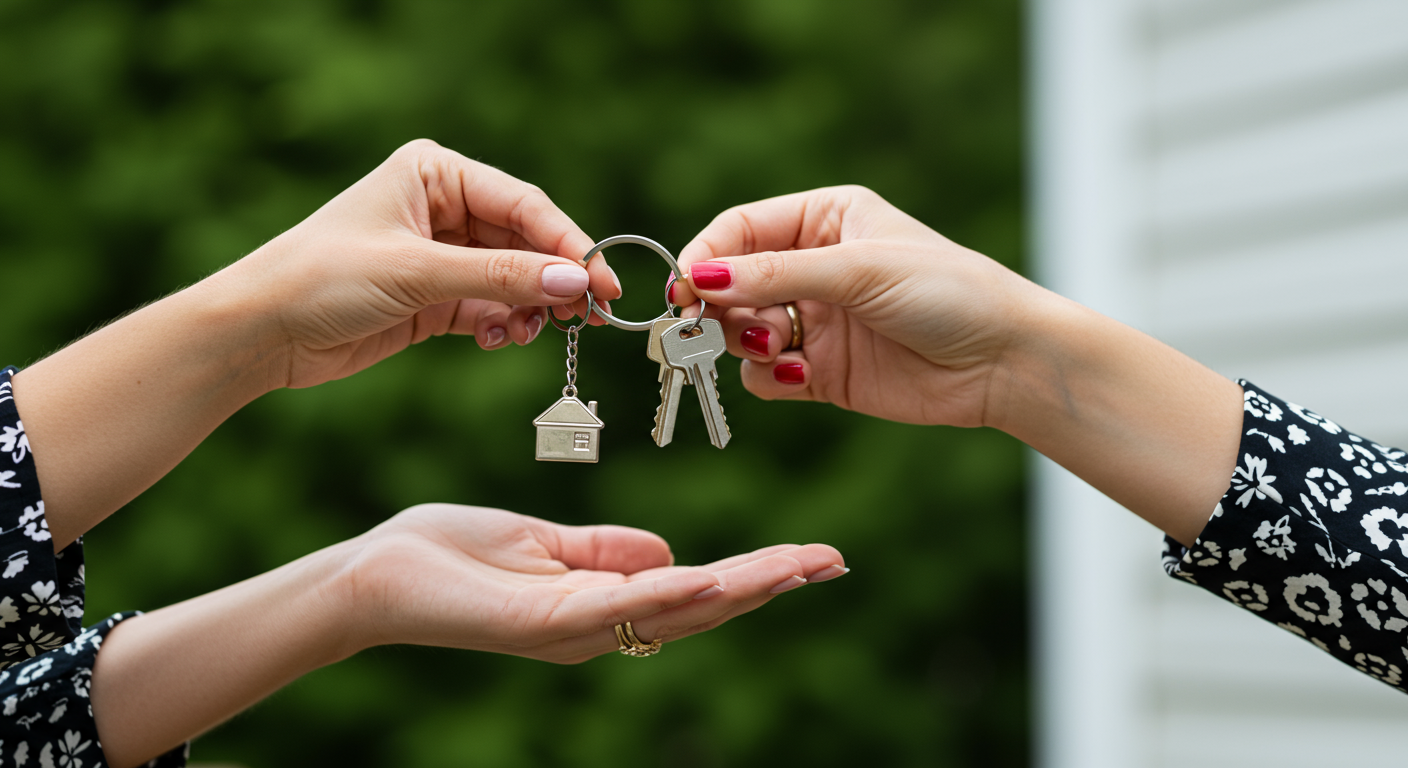 Person holding a silver house key.