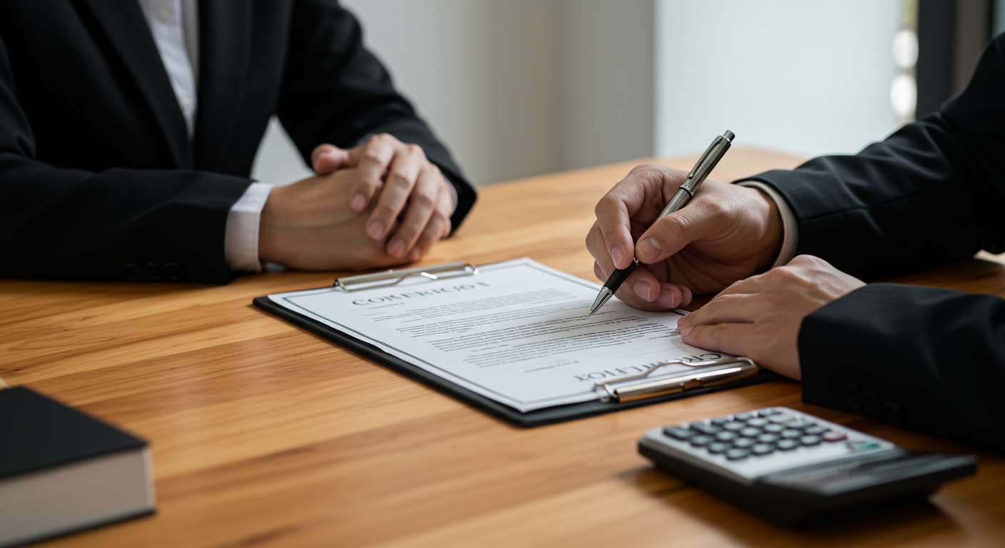 Two people sign a contract beside a calculator at a wooden table.
