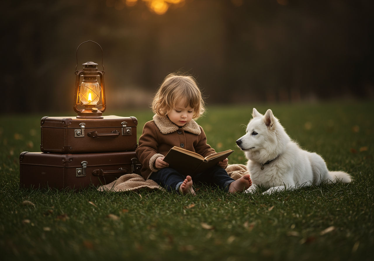 A boy and his dog seating in the grass reading a book by the light of a lamp.