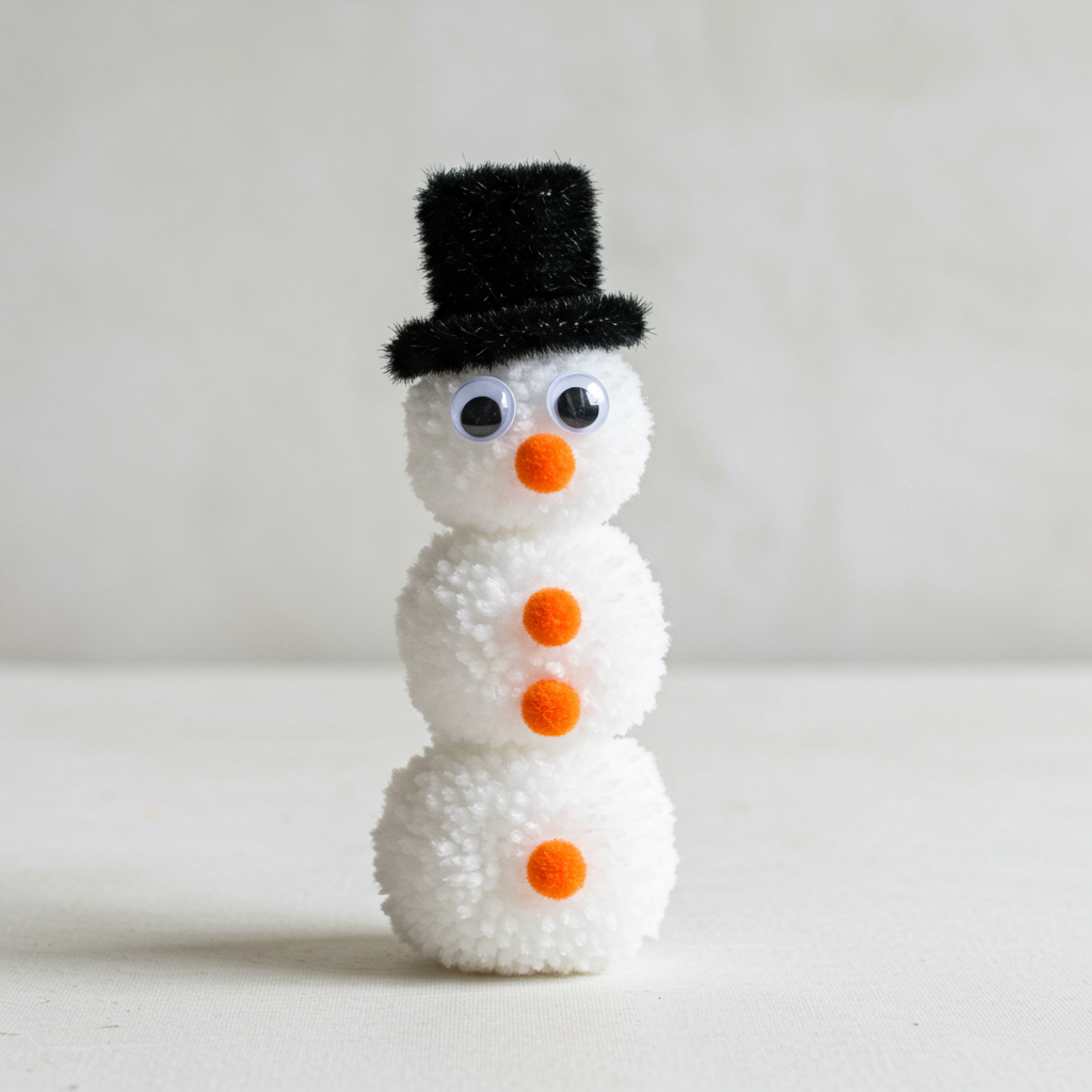 Googly eyes and pom pom nose added to snowman