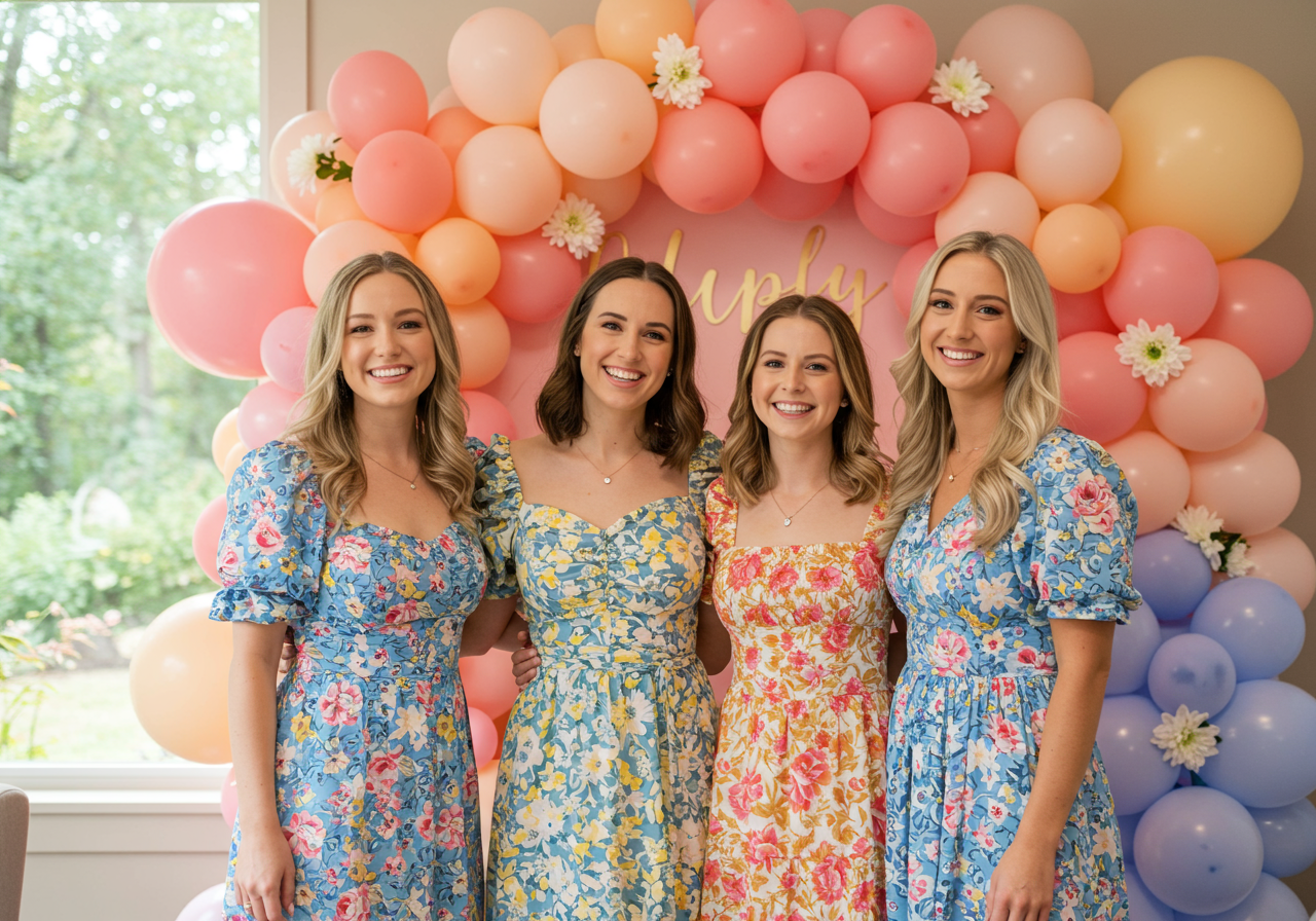 Four women in floral dresses pose in front of a pastel balloon arch.