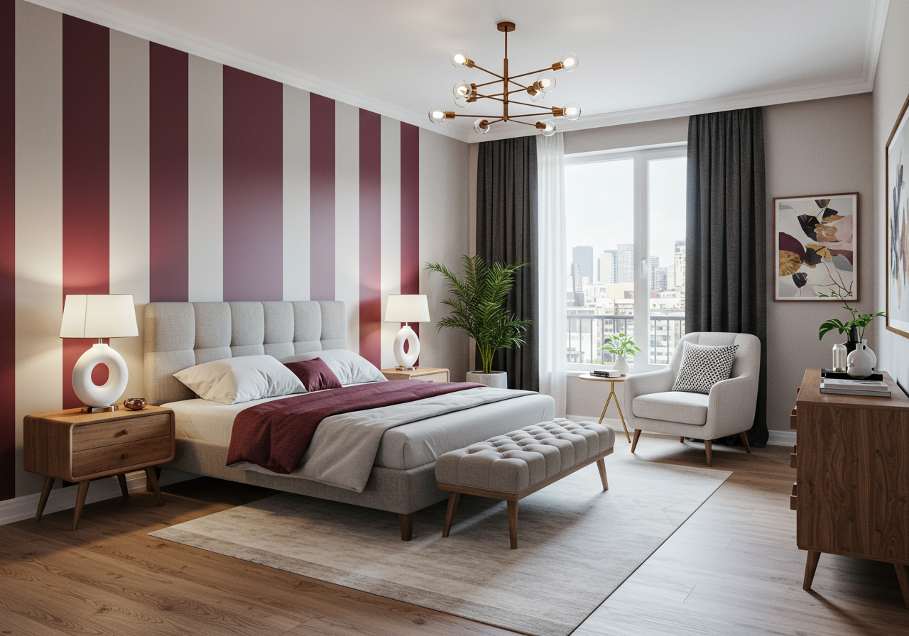 Photo of a bedroom with a queen sized bed, large window and chair. The bed is decorated with maroon, white, and beige linens. 