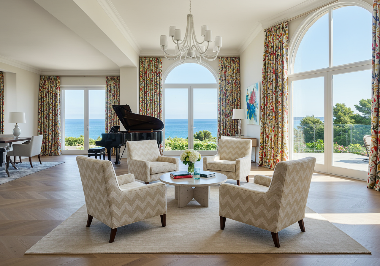 Living room with ocean views opening to luxurious backyard