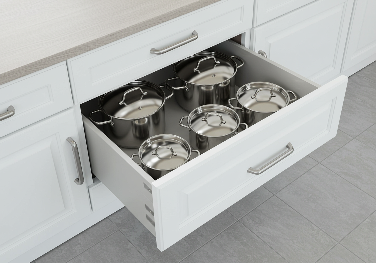 Pots and pans in cabinet