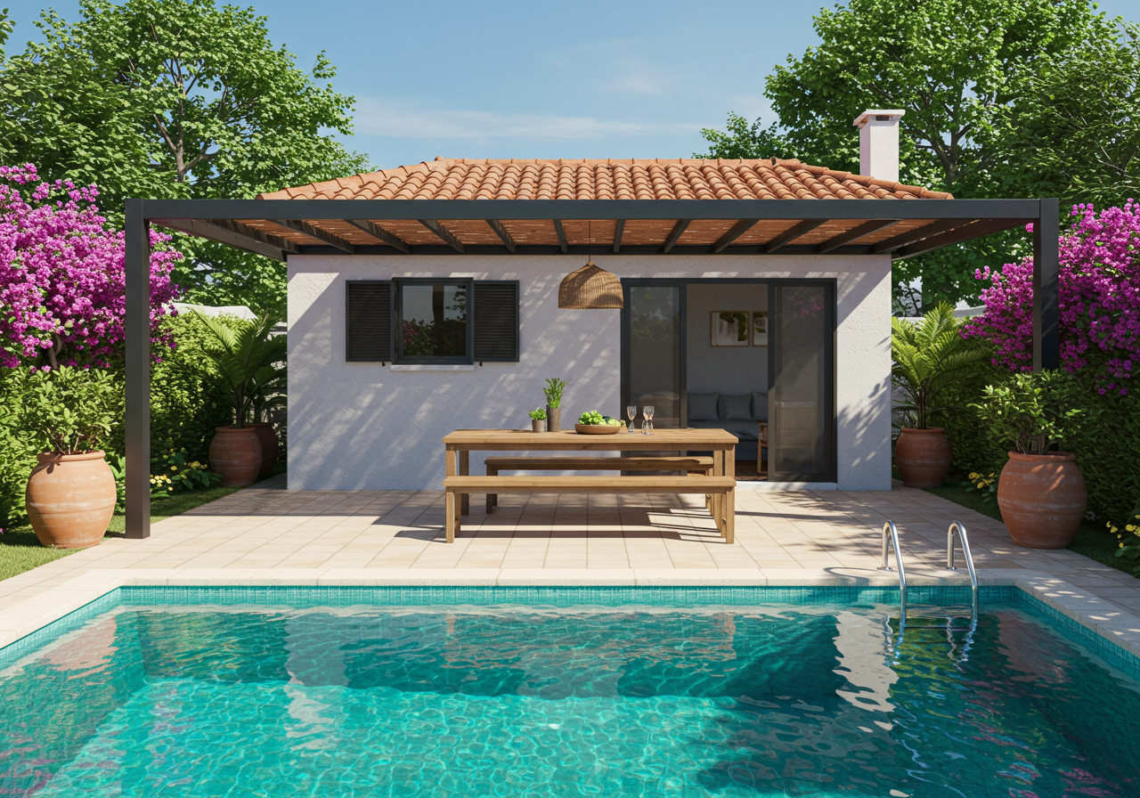 a spacious outdoor dining area features a wooden table with matching benches, set under a black pergola adorned with pink flowers