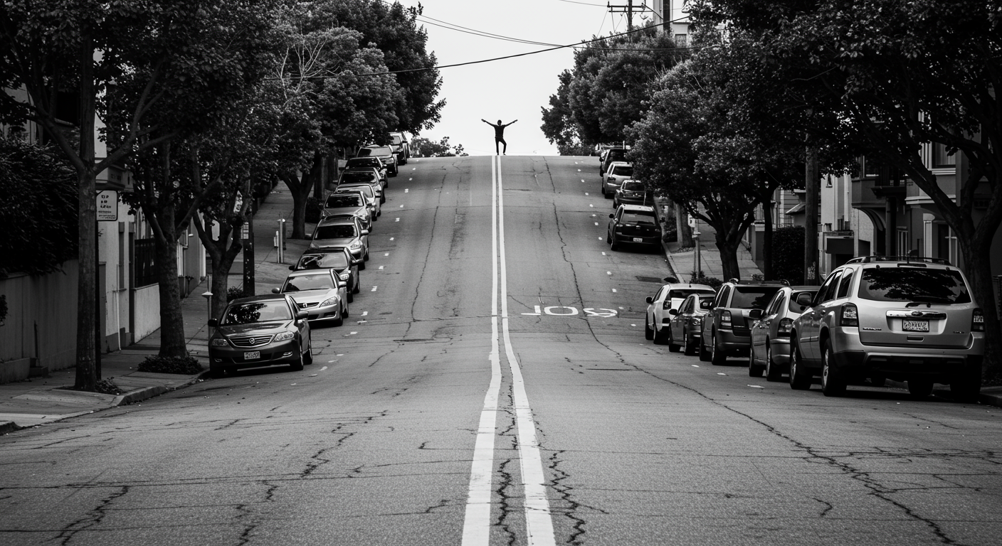 A man does a handstand on a hill in San Francisco.
