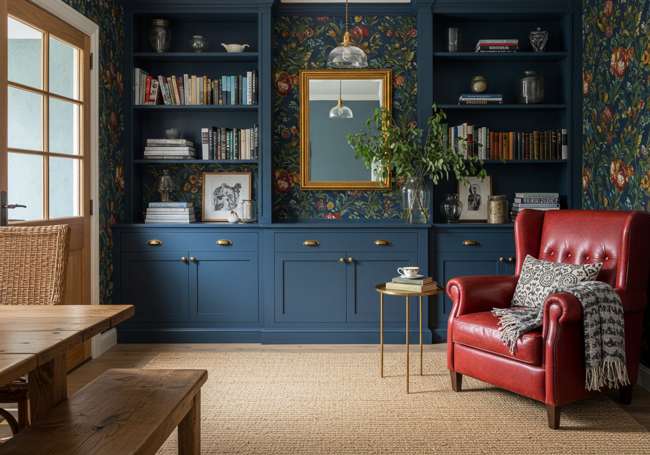 Red leather armchair with blue built-in bookshelves and cabinetry and floral wallpaper.