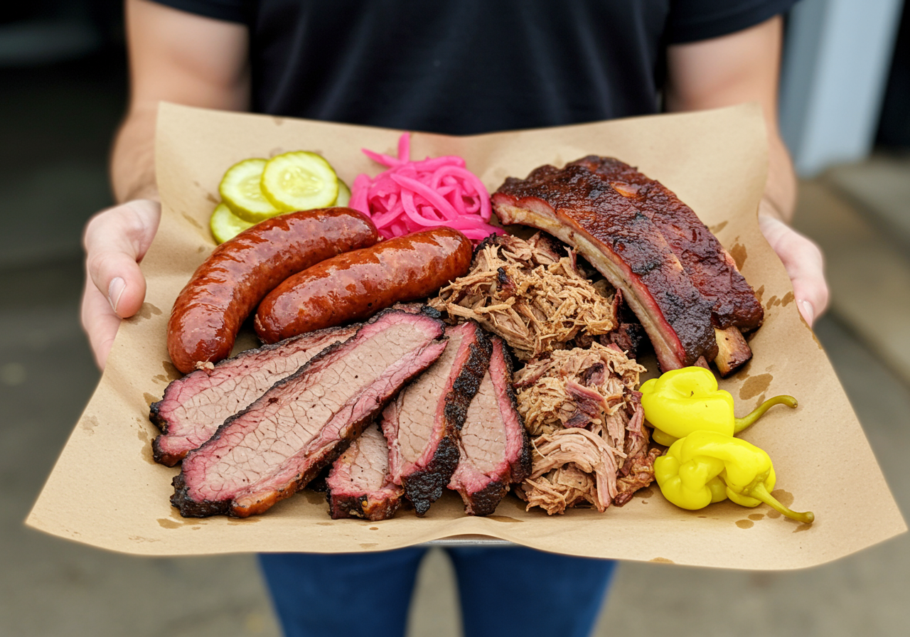 Moo’s craft barbecue sits on a pink paper tray.