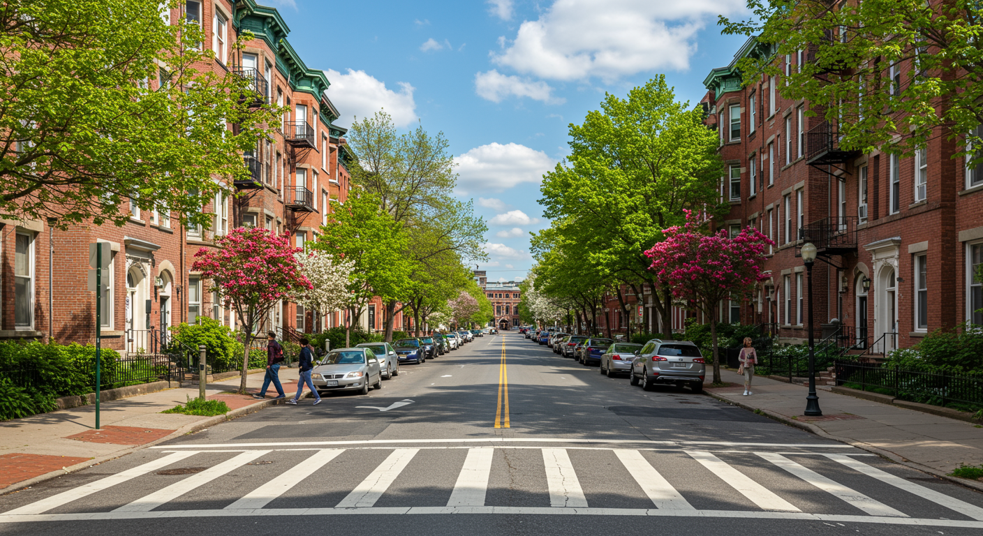 Sunny urban street lined with historic buildings, blooming trees, and two people crossing a crosswalk under a clear blue sky.
