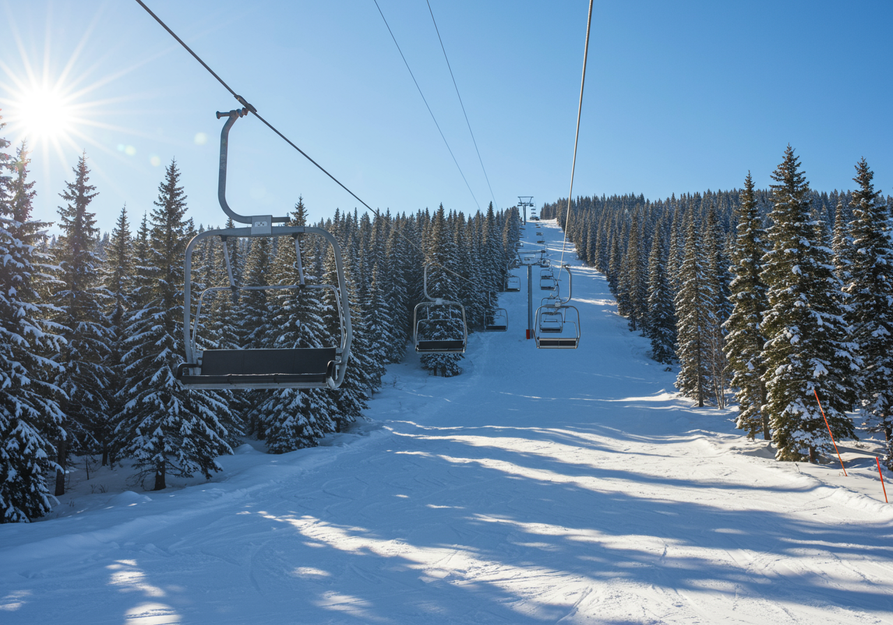 a chairlift catching the afternoon sun on Mammoth Mountain with the ski slope in the background