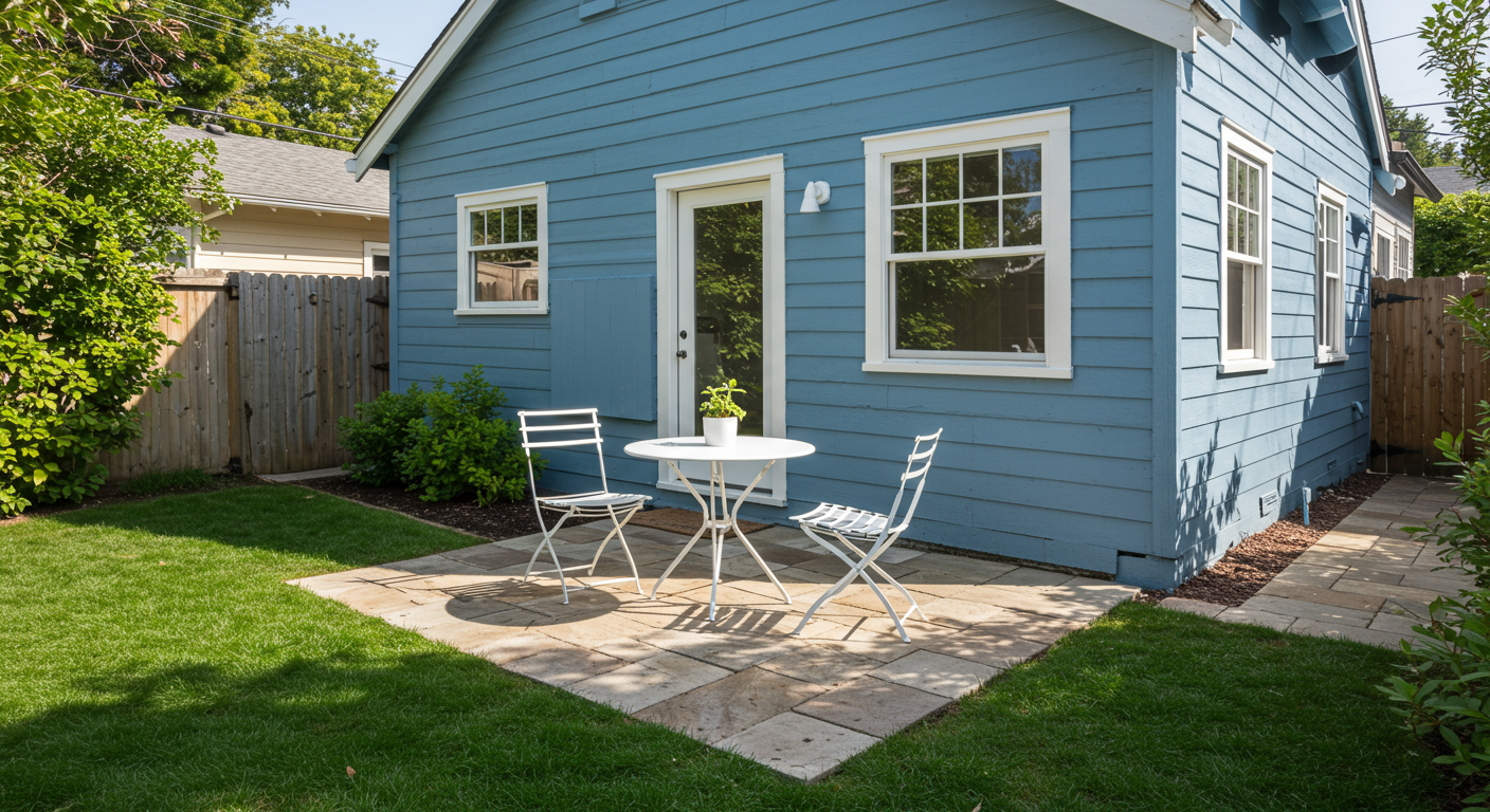 a backyard with a patio and a chair and a table and a house