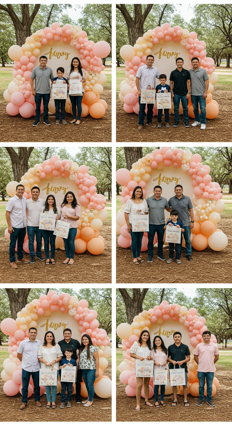 Families pose with decorated cards beneath a pink and peach balloon arch at an outdoor event.