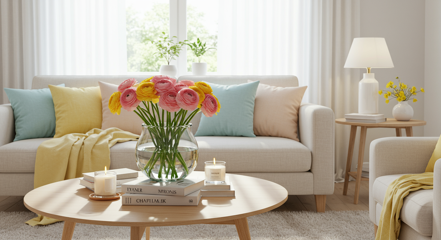 Sitting room coffee table and vase with flowers, sofa and cushions.
