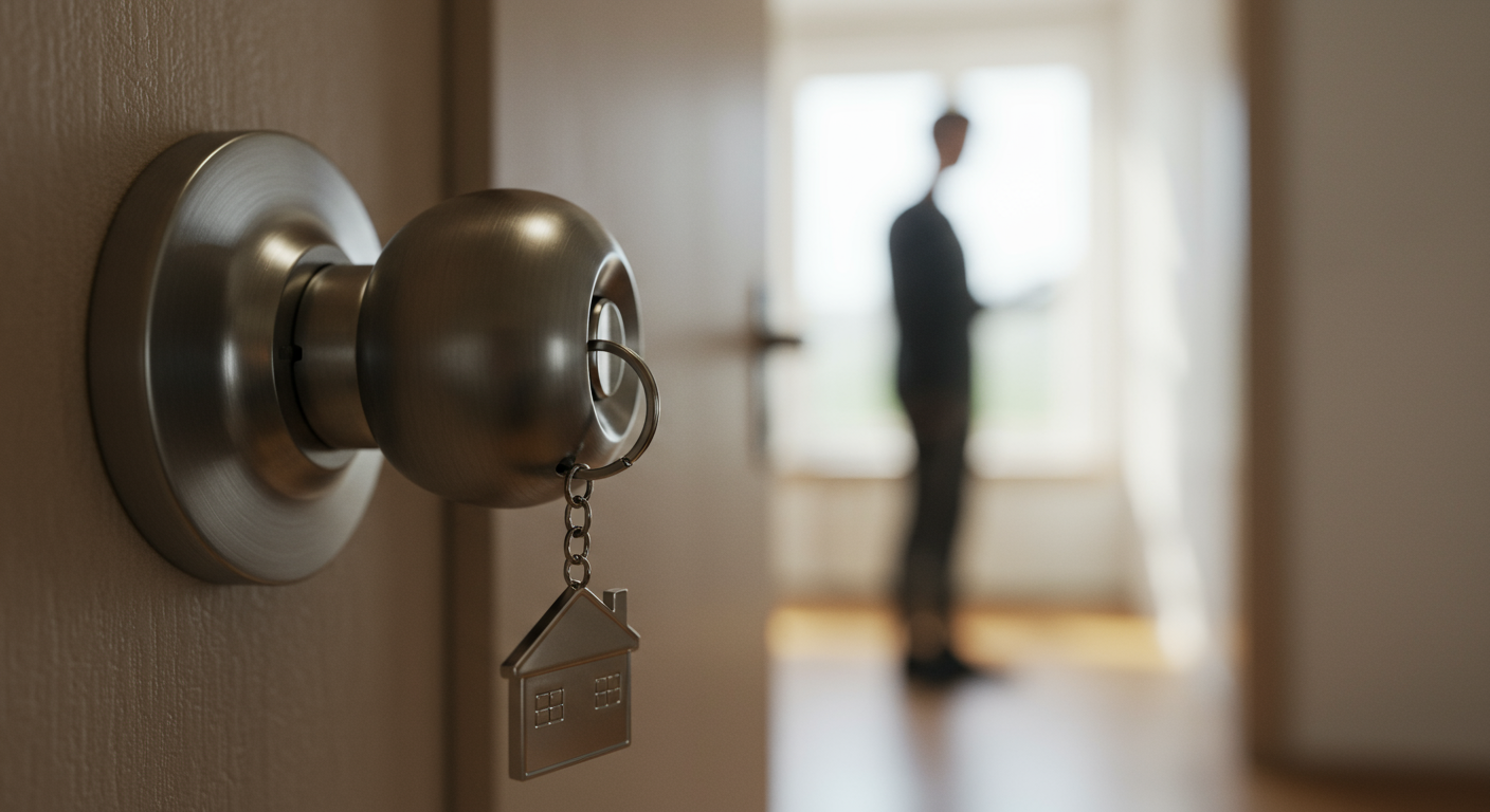 House-shaped keychain hanging from a door lock, with a person blurred in the background.