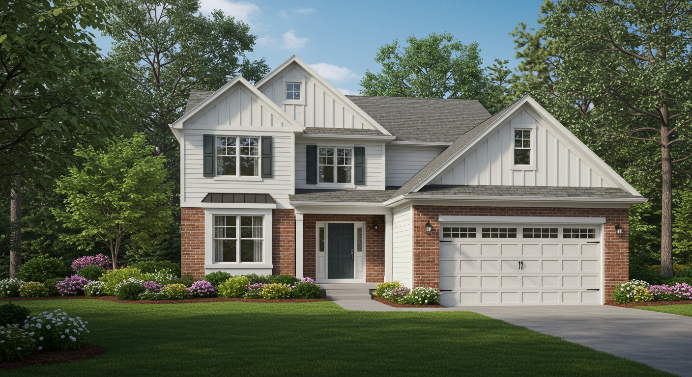 Two-story white and brick house with a two-car garage, flower beds, and a broad lawn.