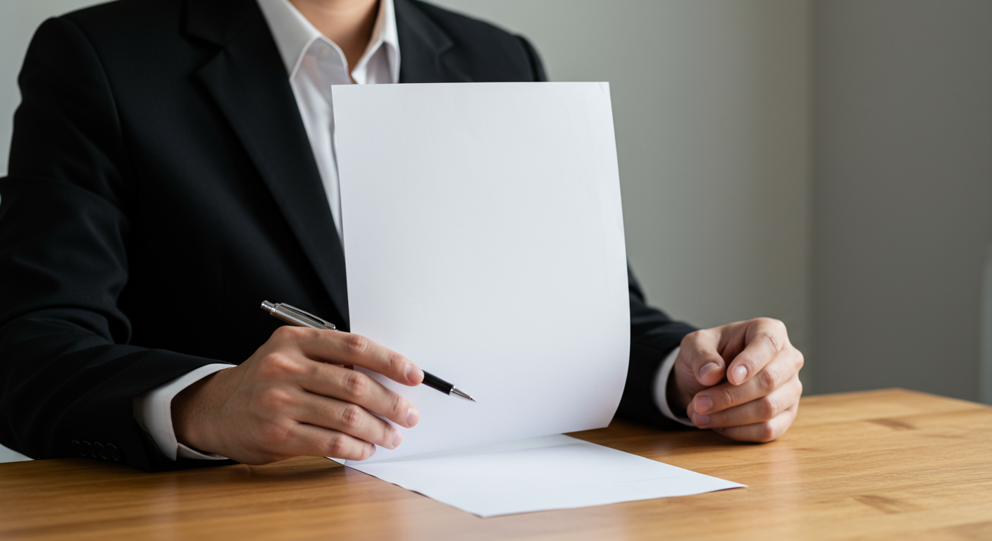 A suited person holds a blank document and pen over a wooden table.