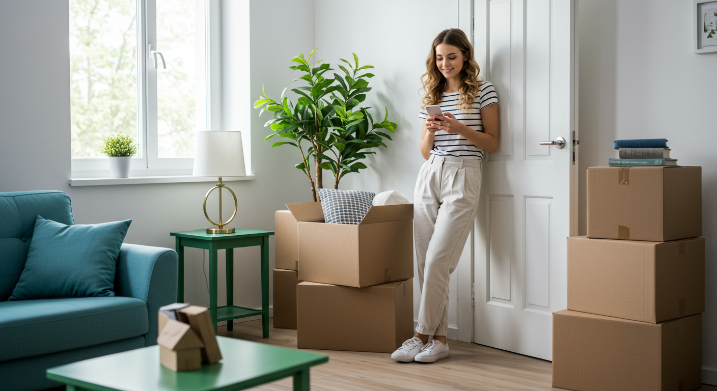 A middle-aged Caucasian woman explores quotes from moving companies on her phone in her living room. She is surrounded by moving boxes.