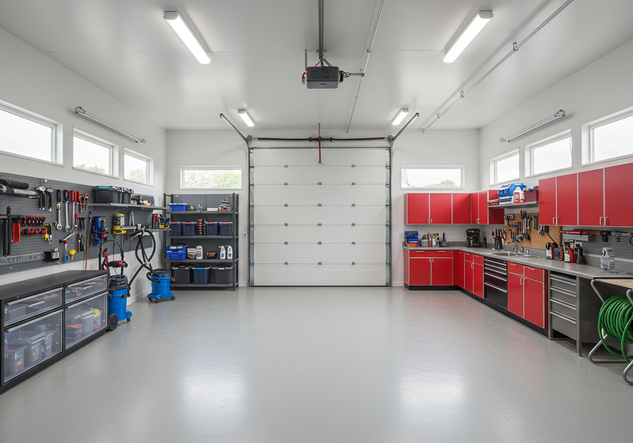 A very clean garage with bright overhead lights.