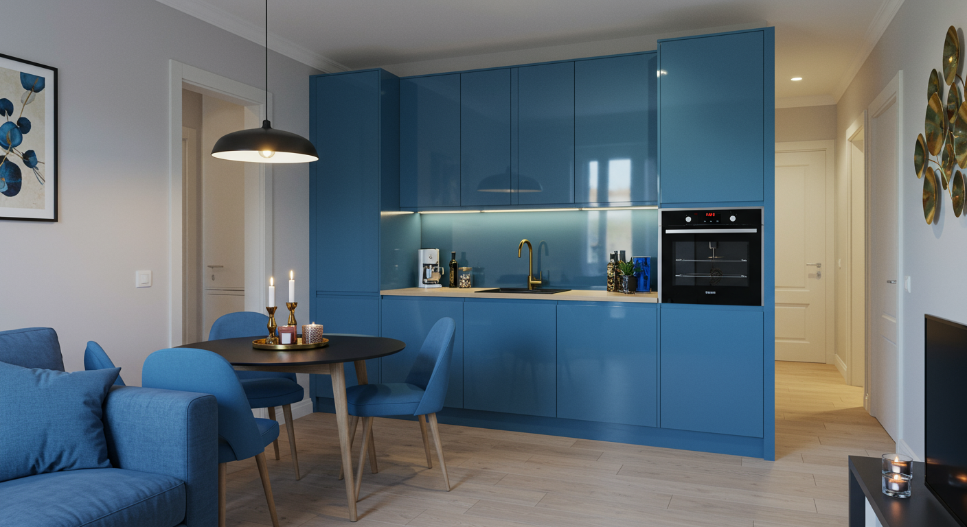 Dark interior with open kitchen