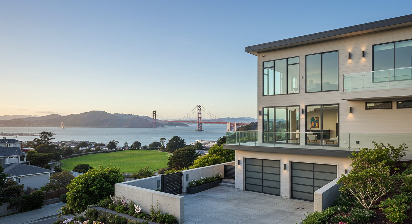 Modern home with glass balconies and three-car garage overlooking a golf course, the bay, and Golden Gate Bridge.