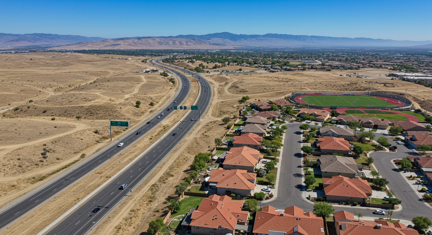 Aerial view of highway crossing the little town Moorpark. Ventura County, California