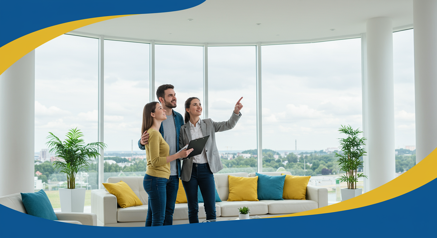 A real estate agent points out a feature of a bright, window-lined living room to a couple.