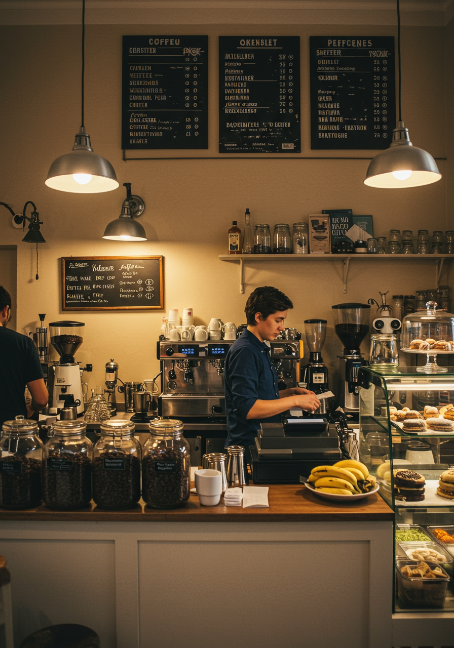 Café counter with a barista, espresso machines, coffee jars, and a pastry display.