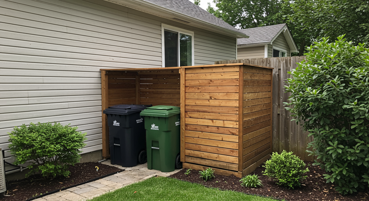 A wooden trash enclosure