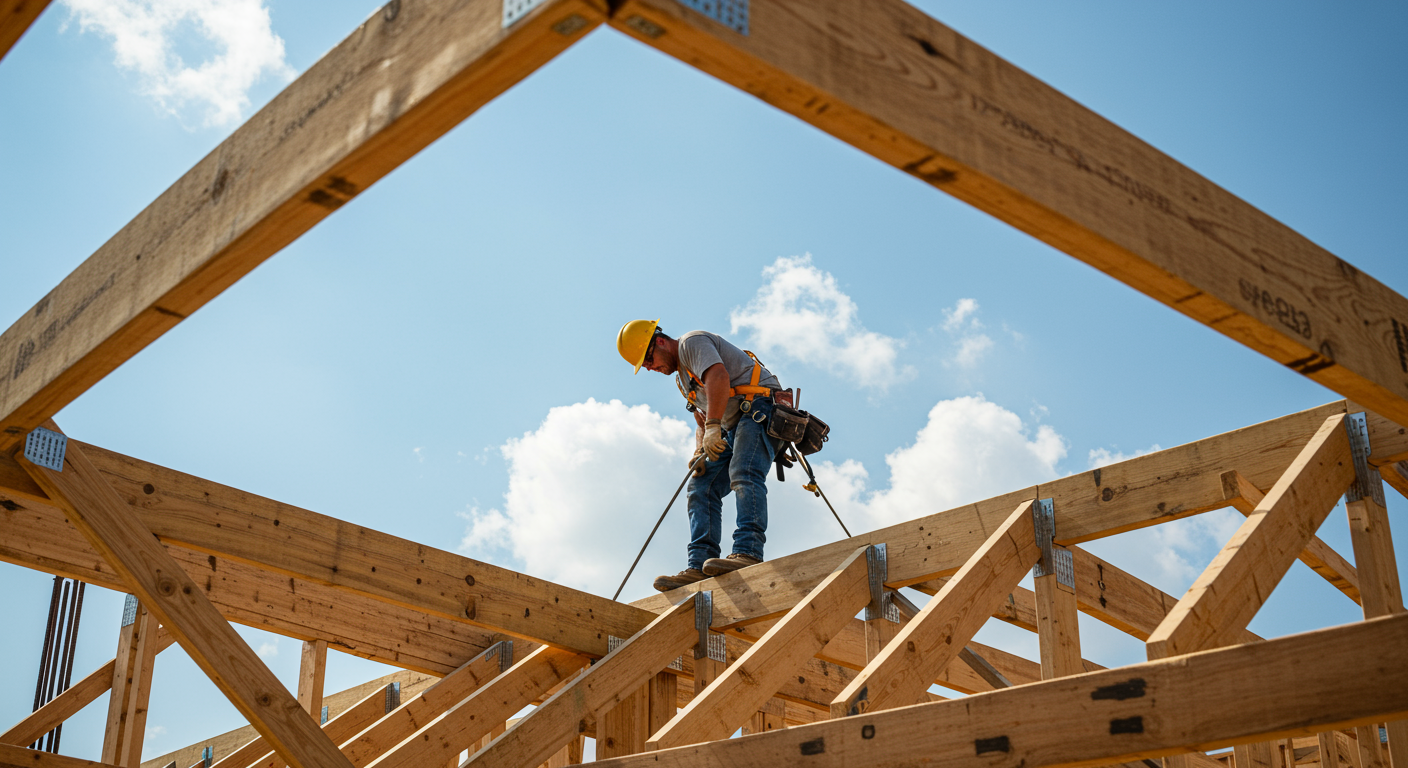 Construction worker wearing a hard hat and safety gear, working on framing a wooden structure against a clear blue sky.