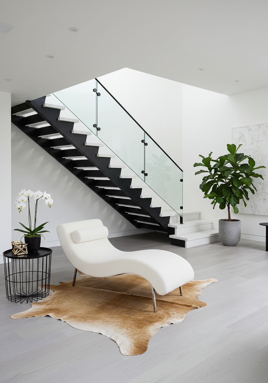 A modern, floating staircase with a glass railing winds up to a second floor.
