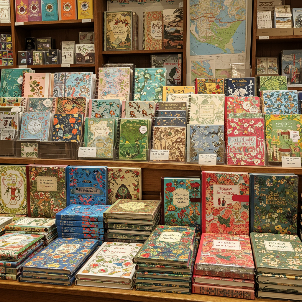 Colorful illustrated books fill wooden shelves and a shop counter, with maps displayed behind them.