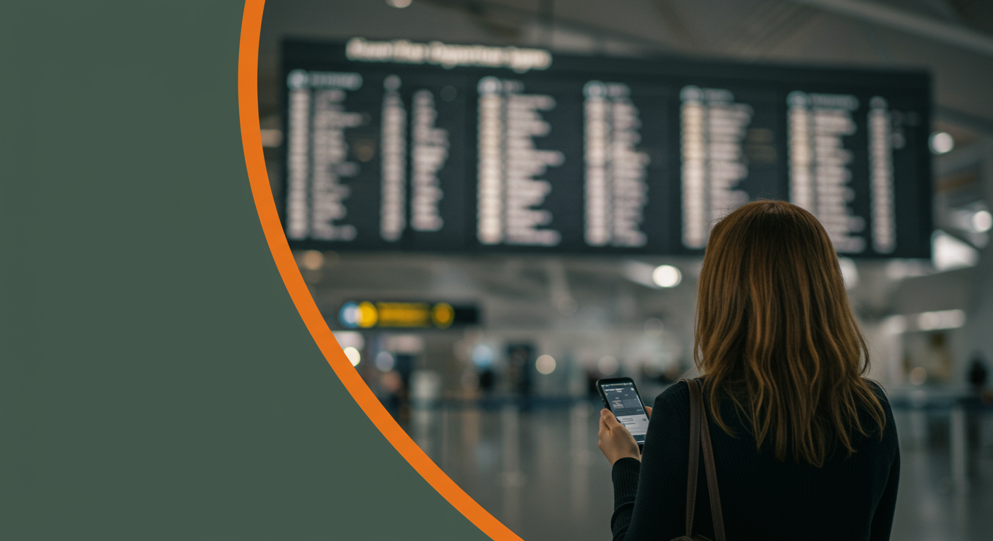 Woman checking her phone beneath a flight information board in an airport terminal.
