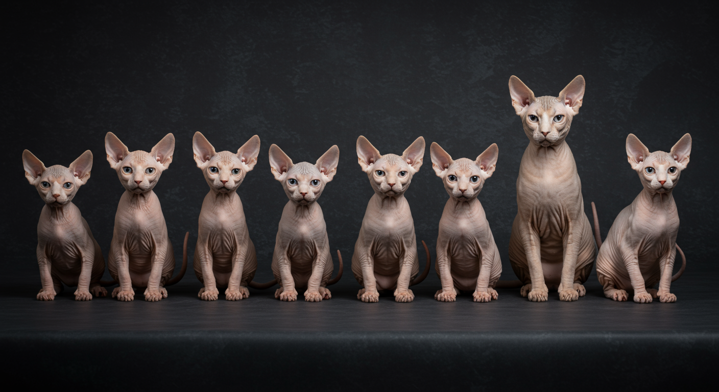 Series of photos of photos of Yzma, a hairless Sphinx cat.