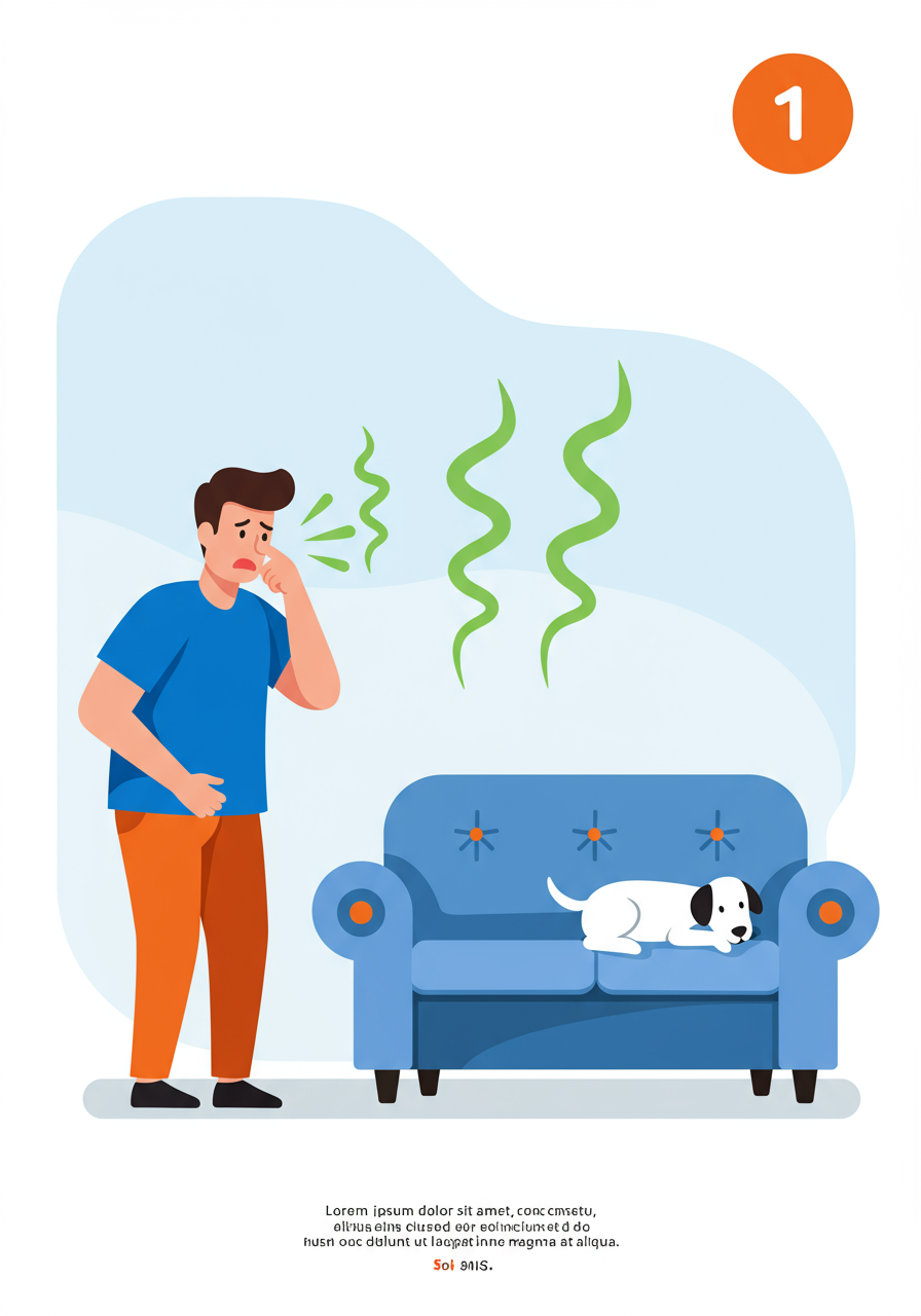 Numbered illustration of a man reacting to odor from a dog on a blue sofa.