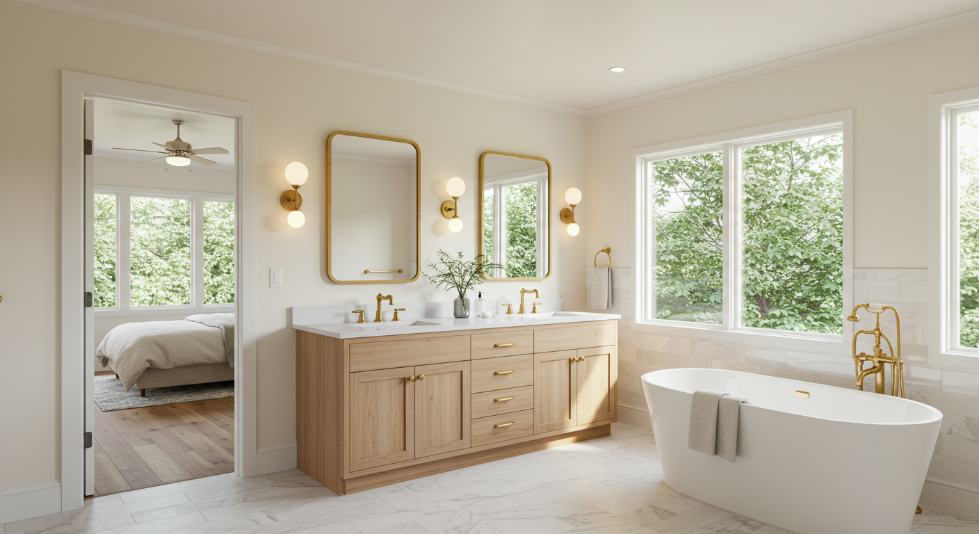 Bright bathroom with a double vanity, freestanding tub, brass fixtures, and leafy views through large windows.