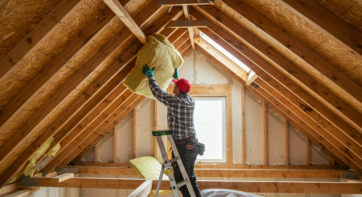 A professional insulating an attic at a house