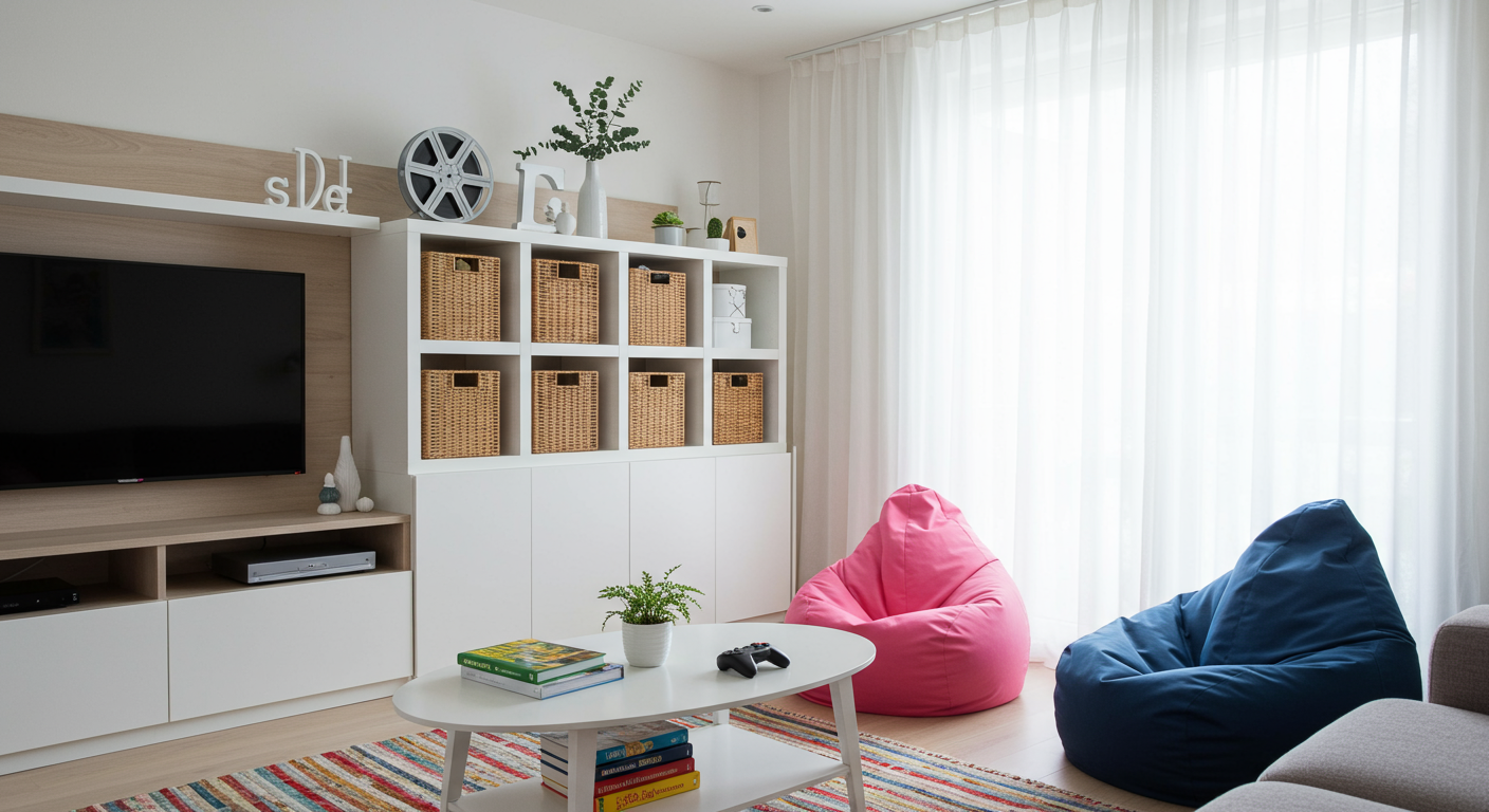 Modern Living Room With Floating Media Center & Shelves With Baskets