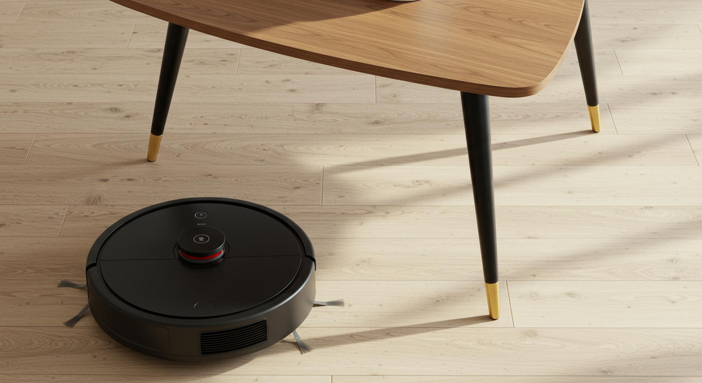 Robot Vacuum on a Wooden Vinyl Flooring 