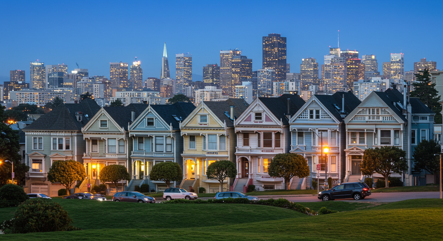 Iconic Victorian Houses and San Francisco Skyline in Alamo Square