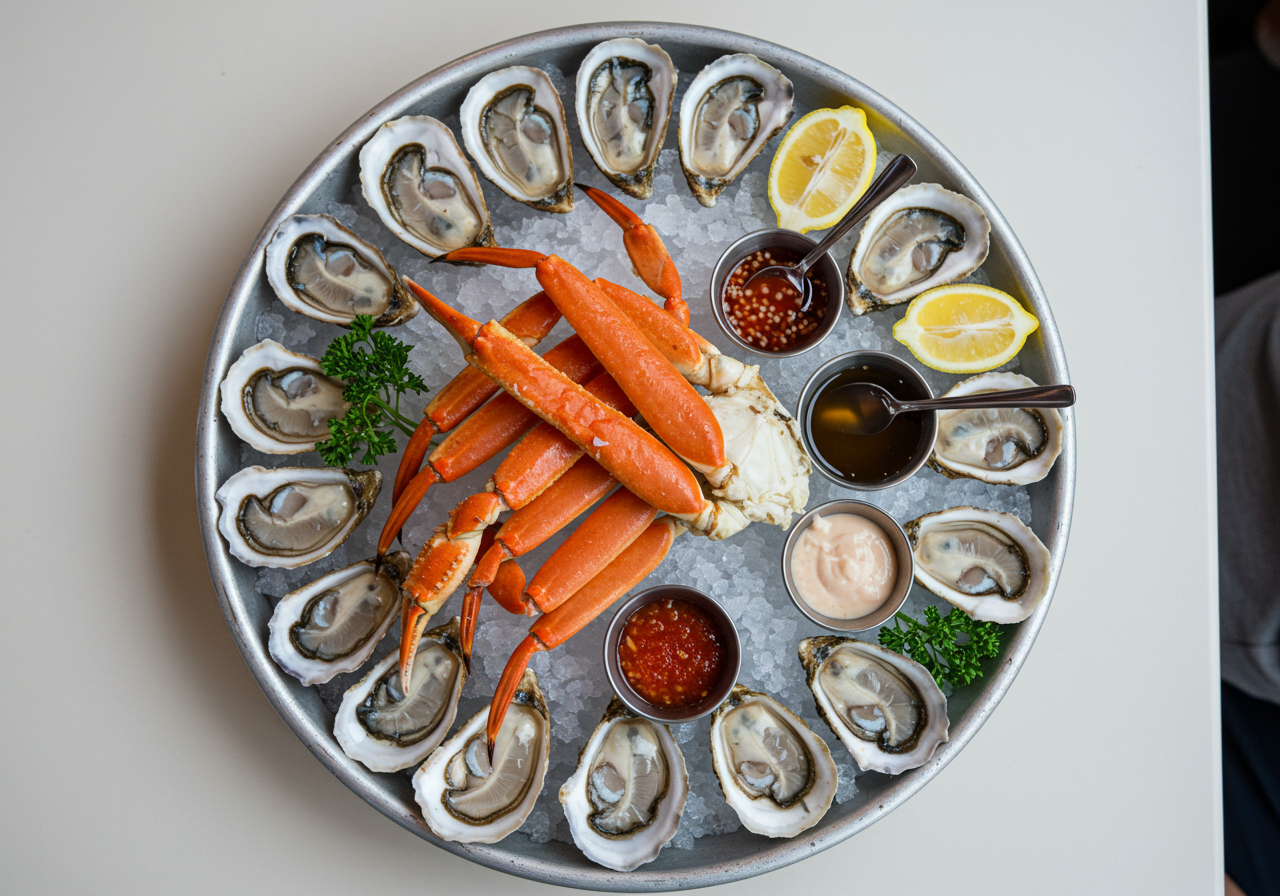An angled photo of a seafood dish on a stand, with shucked oysters and stone crab and lots of ice.