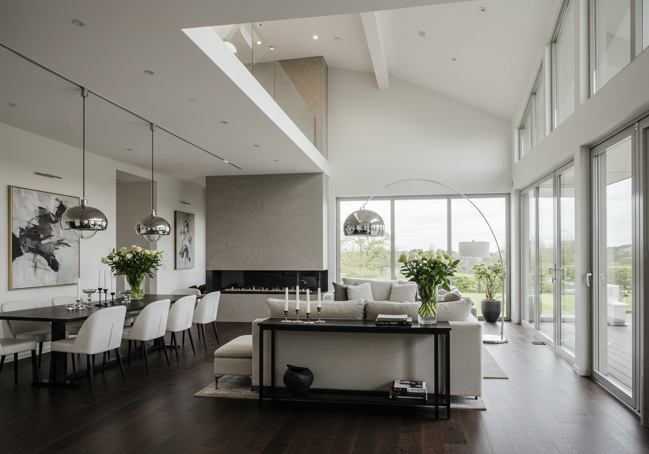 living room with soaring ceilings