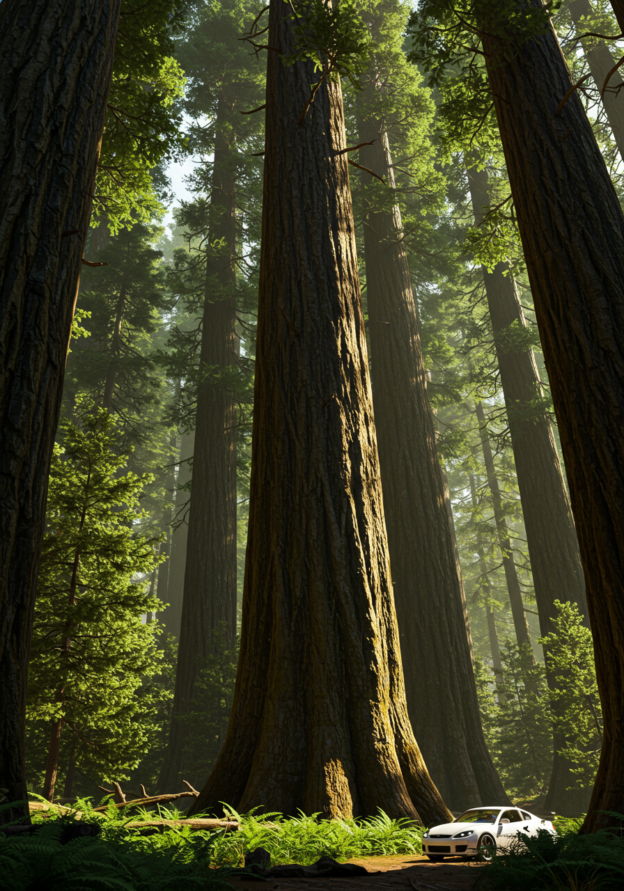 Giant redwoods and a Mazda MX-5 Miata for scale.