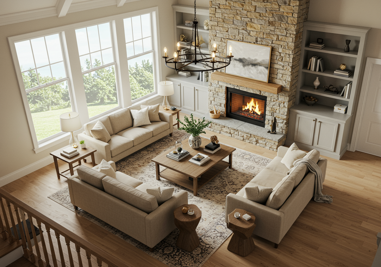 Photo of aerial view of living room