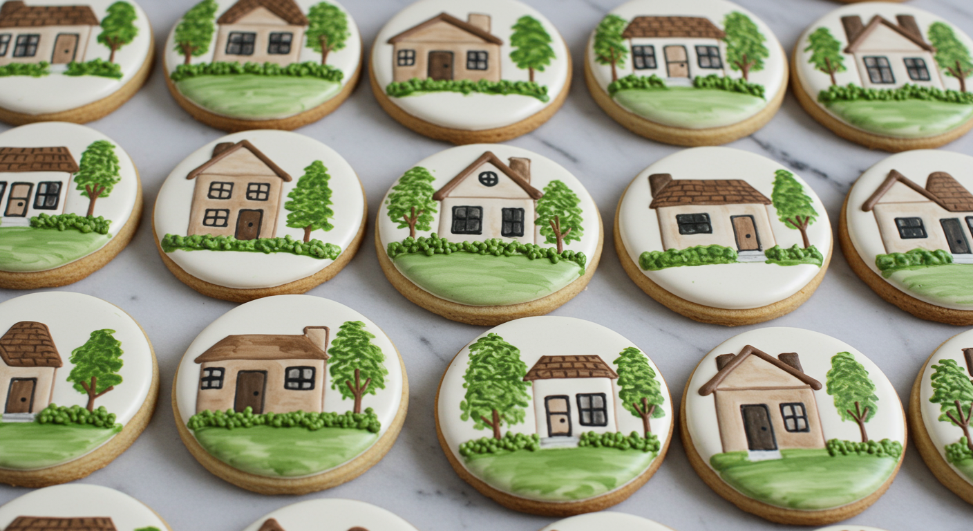 House-shaped scenes painted on round cookies with icing, arranged on a light surface.