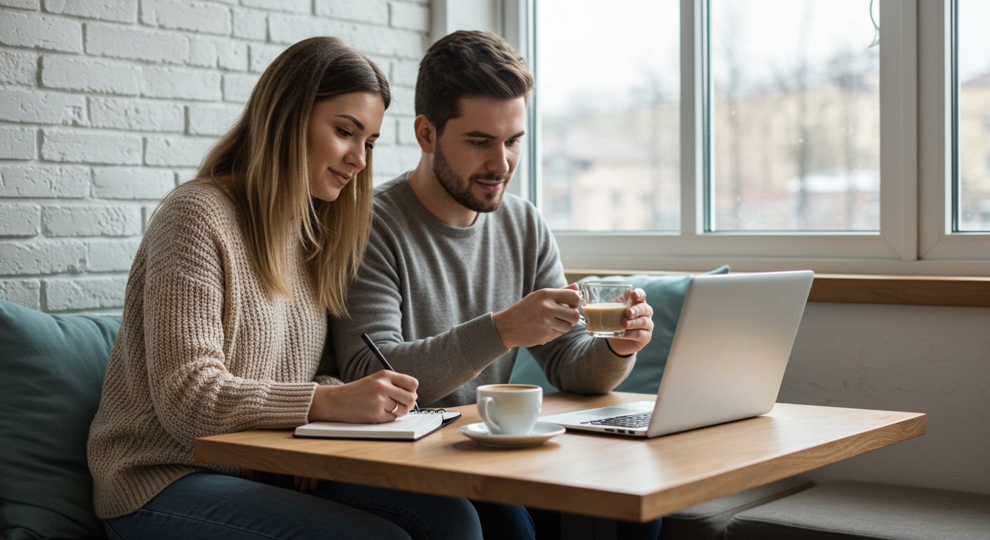 Couple planning together at a table with a notebook, laptop, and coffee.